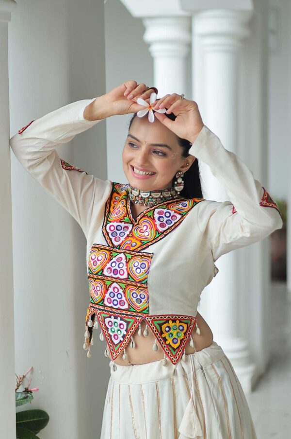 Off White Gold Kora Cotton Lehenga Choli with Gota-Patti & Kutchi Embroidery