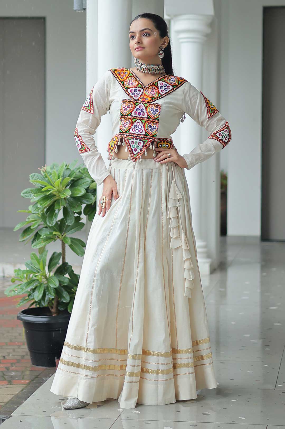 Off White Gold Kora Cotton Lehenga Choli with Gota-Patti & Kutchi Embroidery