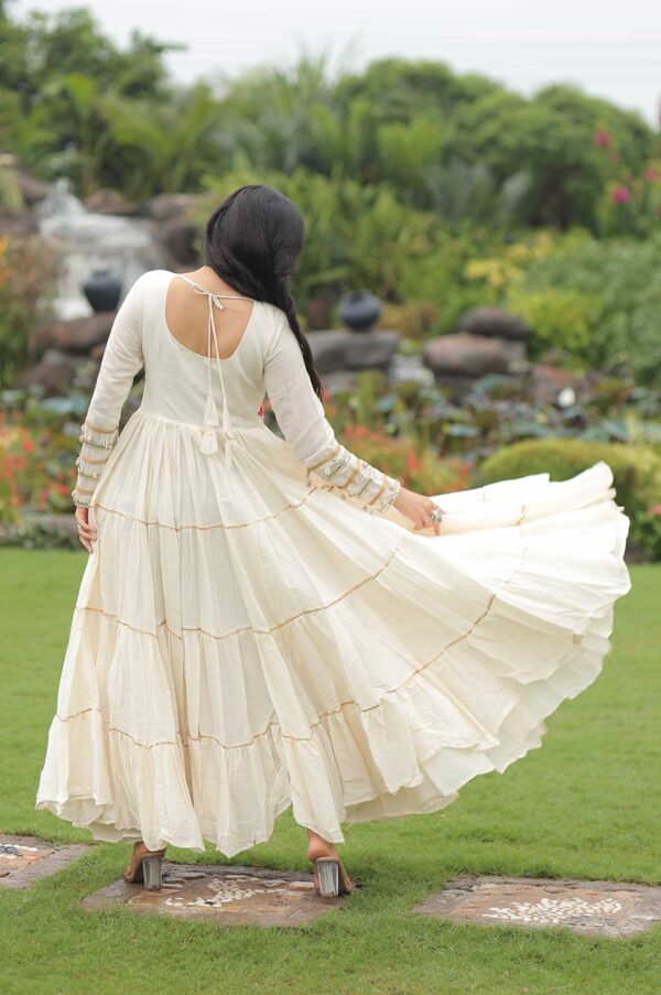 Off-White Kora Cotton Gown with 12 Meter Flair & Multi-Thread Gota Patti Embroidery