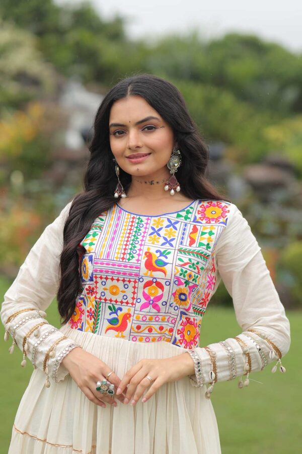 Off-White Kora Cotton Gown with 12 Meter Flair & Multi-Thread Gota Patti Embroidery