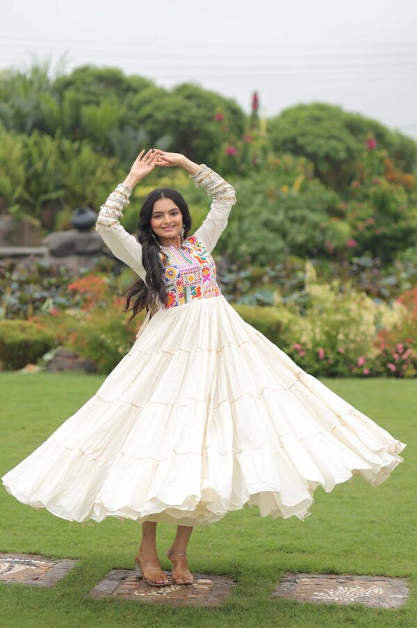 Off-White Kora Cotton Gown with 12 Meter Flair & Multi-Thread Gota Patti Embroidery