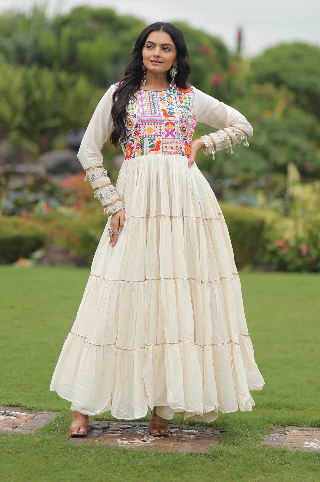 Off-White Kora Cotton Gown with 12 Meter Flair & Multi-Thread Gota Patti Embroidery