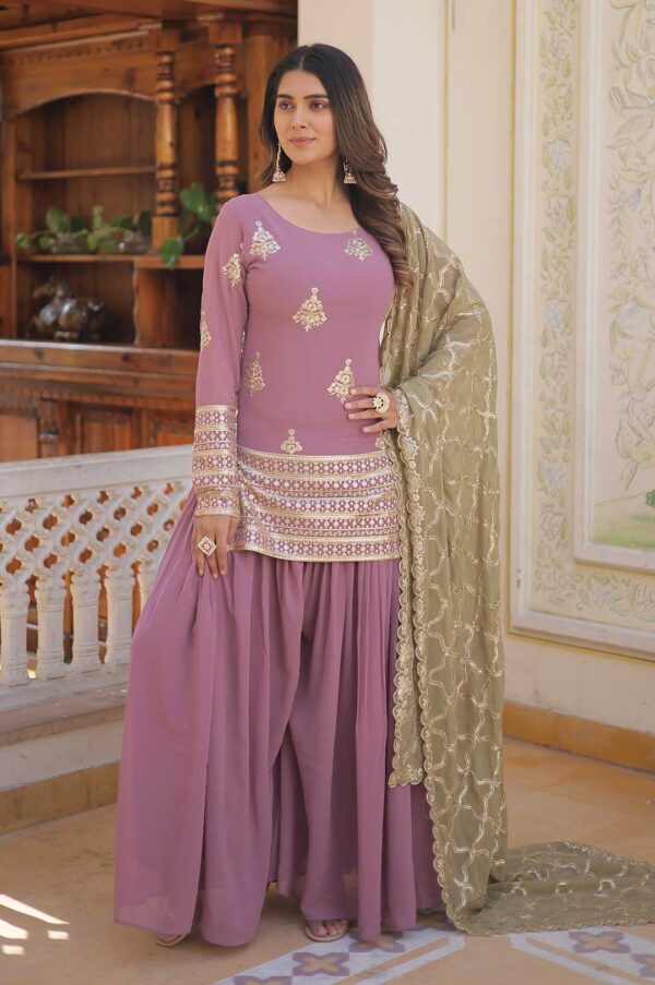 Onion Pink Georgette Sharara Suit with Embroidered Yoke and Dupatta