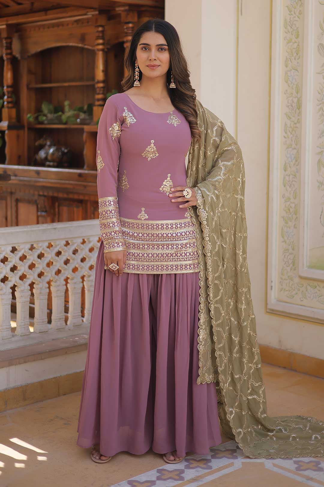 Onion Pink Georgette Sharara Suit with Embroidered Yoke and Dupatta