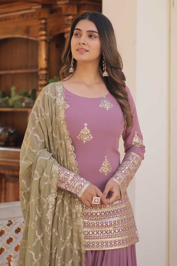 Onion Pink Georgette Sharara Suit with Embroidered Yoke and Dupatta