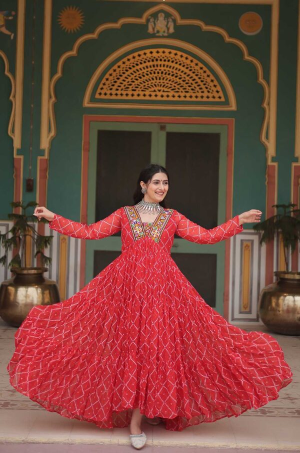 Orange Bandhani Print Georgette Gown with Embellished Yoke