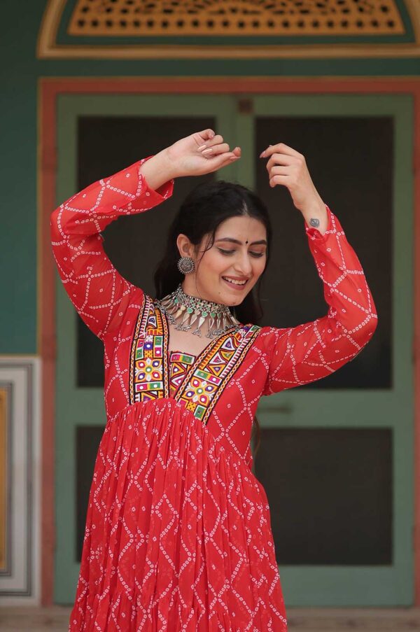 Orange Bandhani Print Georgette Gown with Embellished Yoke