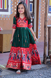 Green Patola Designer Dola Silk Kids Gown / Frock