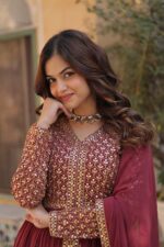 Peach-Wine-Embroidered-Faux-Georgette-Suit-Set-with-Dupatta