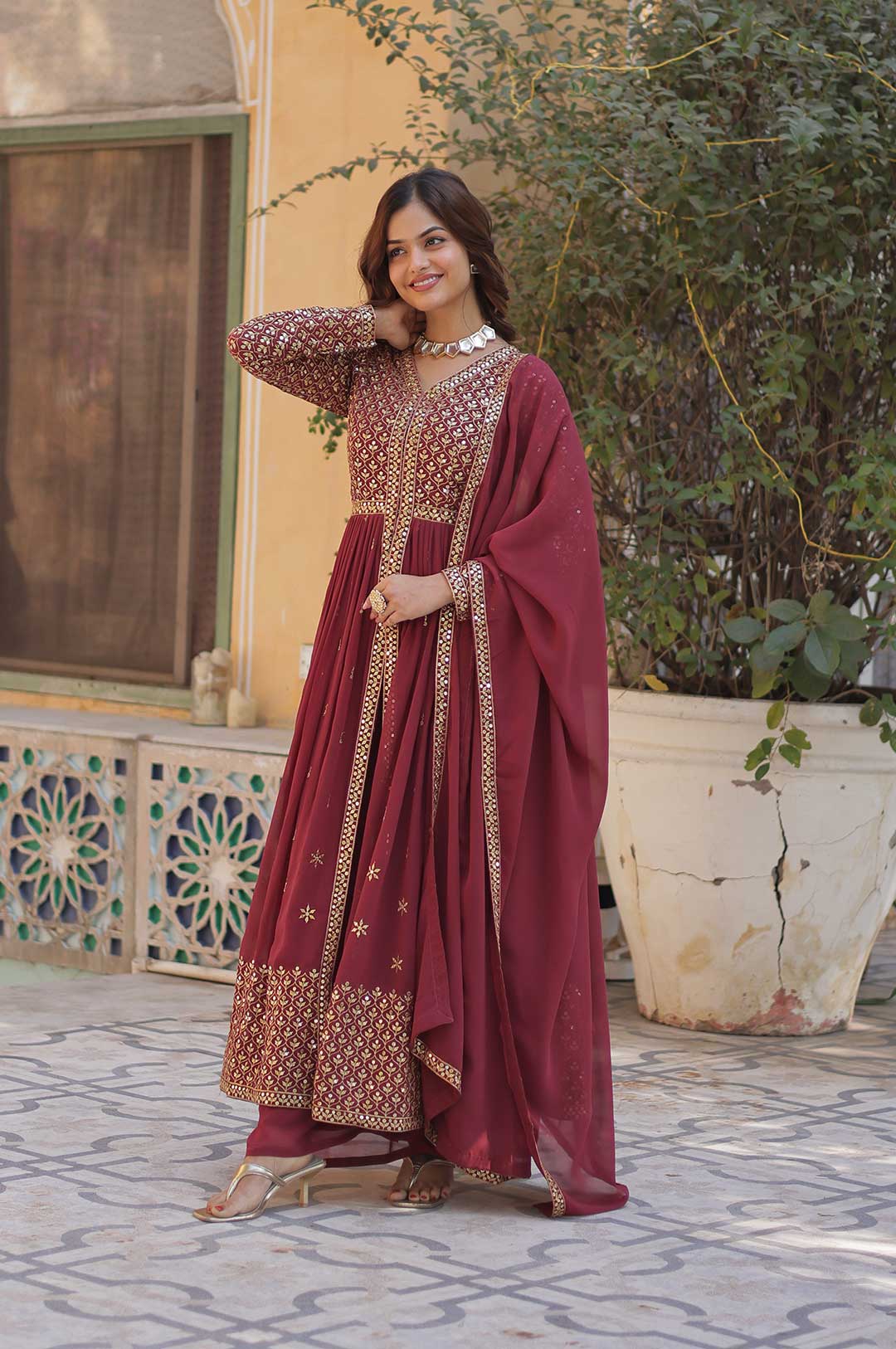 Peach Wine Embroidered Faux Georgette Suit Set with Dupatta