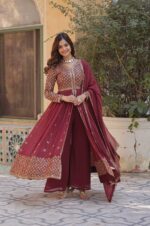 Peach-Wine-Embroidered-Faux-Georgette-Suit-Set-with-Dupatta-3