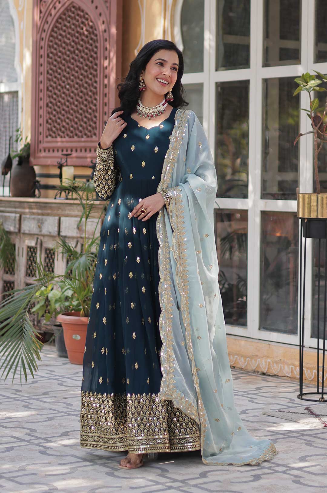 Peacock Blue Viscose Georgette Gown with Foil Mirror Work and Dupatta