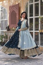 Peacock-Blue-Viscose-Georgette-Gown-with-Foil-Mirror-Work-and-Dupatta-3