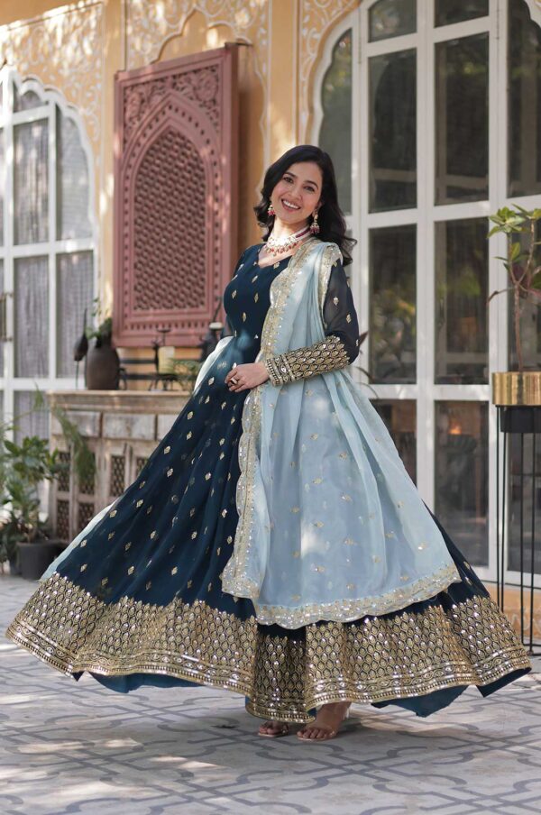 Peacock Blue Viscose Georgette Gown with Foil Mirror Work and Dupatta