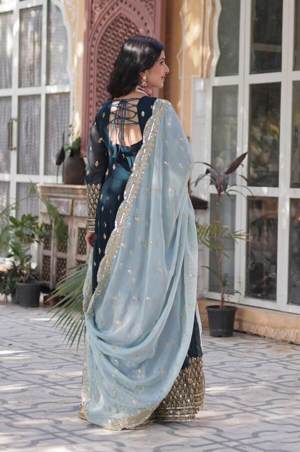 Peacock Blue Viscose Georgette Gown with Foil Mirror Work and Dupatta