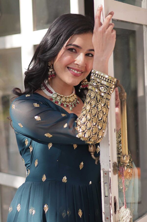 Peacock Blue Viscose Georgette Gown with Foil Mirror Work and Dupatta