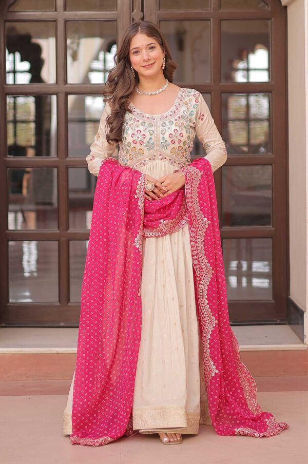 Pearl Embroidered Jacquard Gown with Pink Bandhani Dupatta