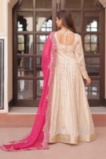 Pearl-Embroidered-Jacquard-Gown-with-Pink-Bandhani-Dupatta-4