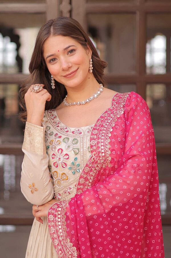 Pearl Embroidered Jacquard Gown with Pink Bandhani Dupatta