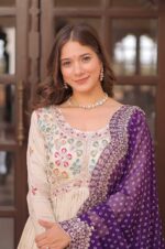Pearl-Embroidered-Jacquard-Gown-with-Purple-Bandhani-Dupatta