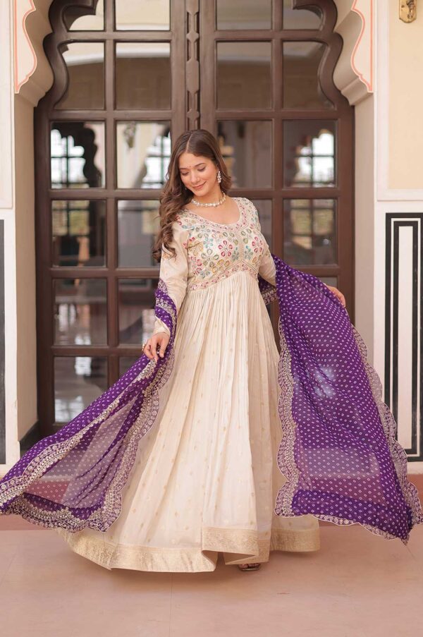 Pearl Embroidered Jacquard Gown with Purple Bandhani Dupatta