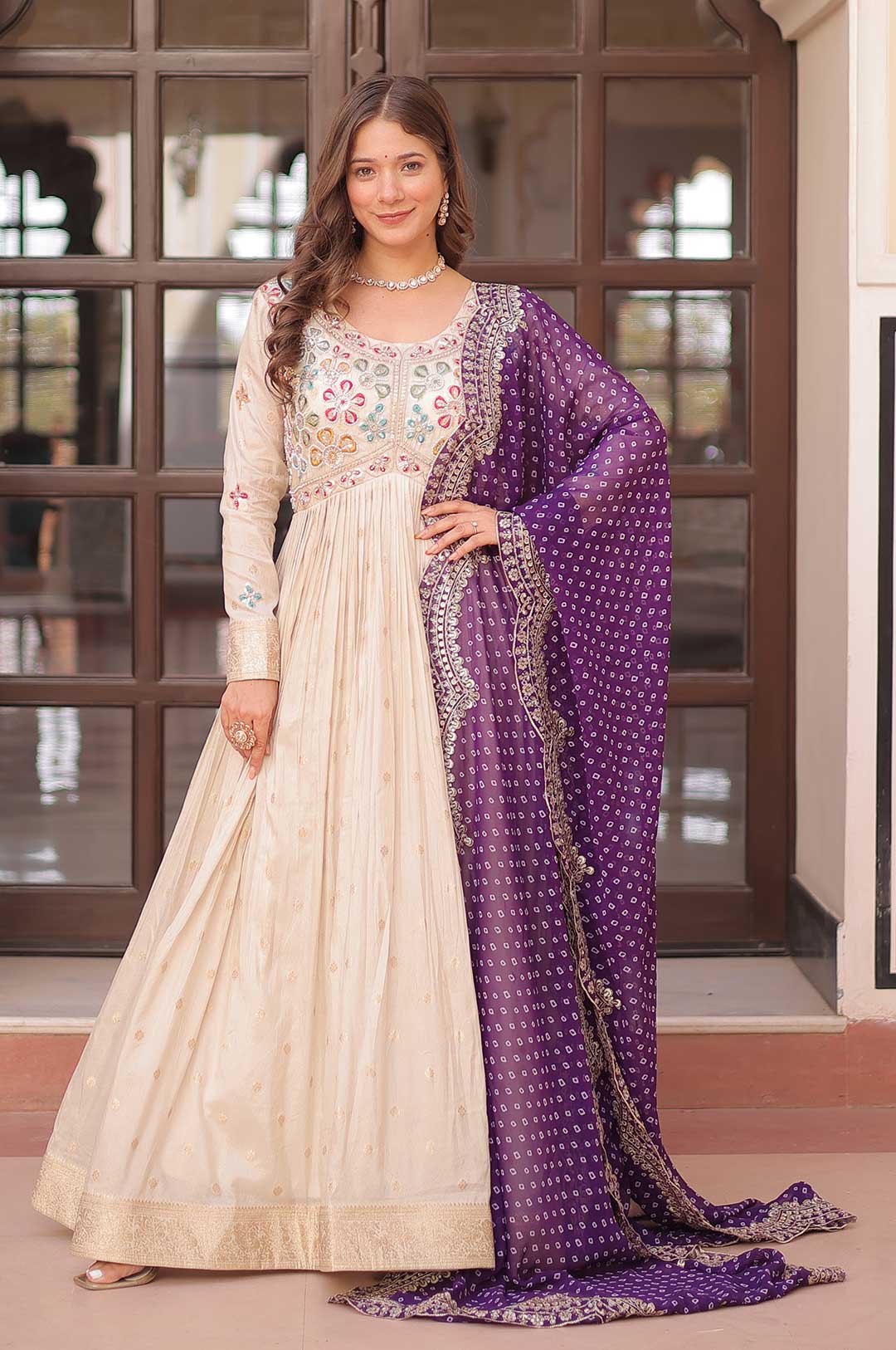 Pearl Embroidered Jacquard Gown with Purple Bandhani Dupatta