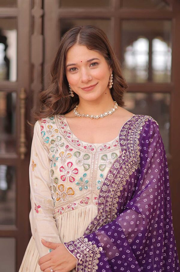 Pearl Embroidered Jacquard Gown with Purple Bandhani Dupatta