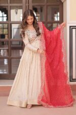 Pearl-Embroidered-Jacquard-Gown-with-Red-Bandhani-Dupatta-2 - Copy
