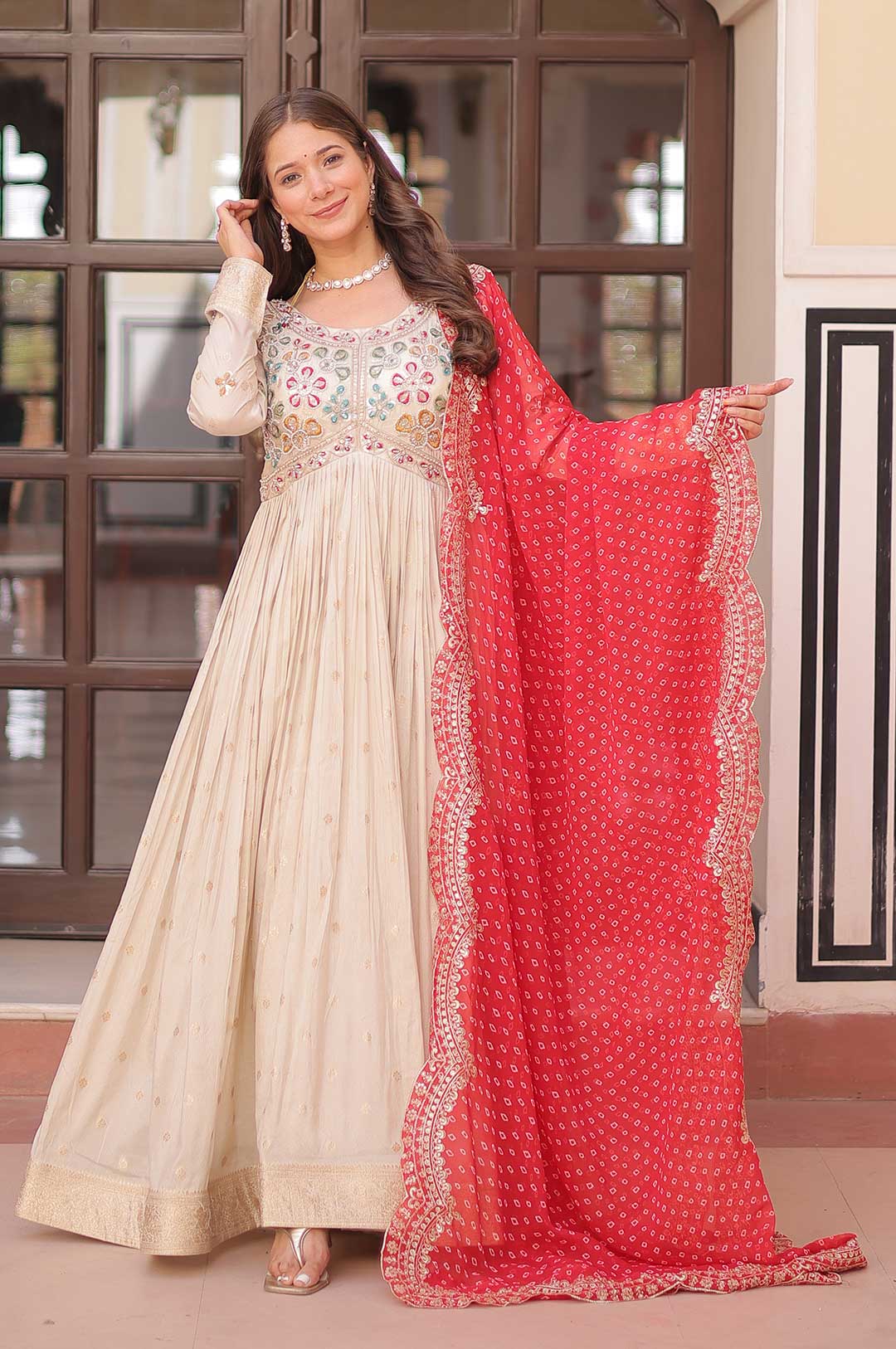 Pearl Embroidered Jacquard Gown with Red Bandhani Dupatta