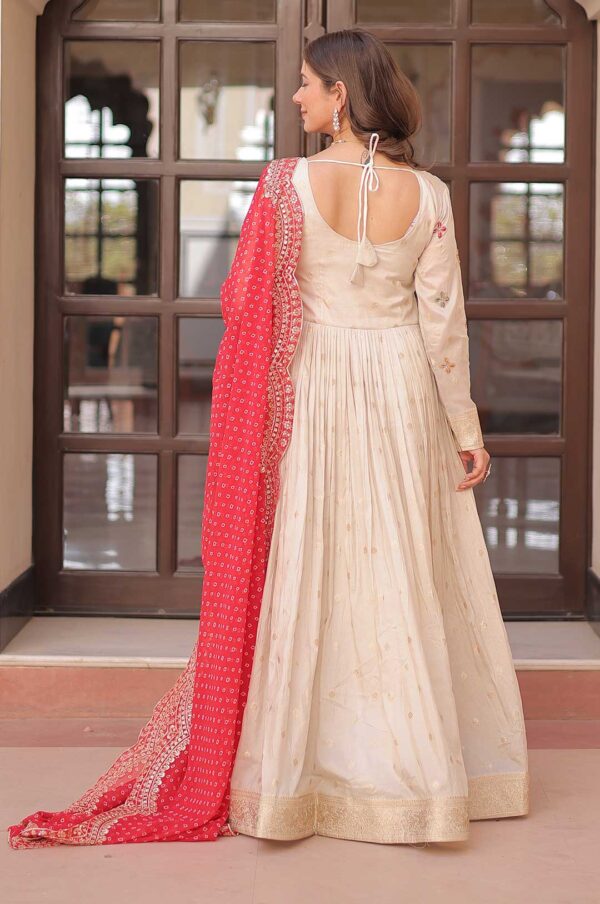 Pearl Embroidered Jacquard Gown with Red Bandhani Dupatta