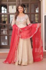 Pearl-Embroidered-Jacquard-Gown-with-Red-Bandhani-Dupatta - Copy