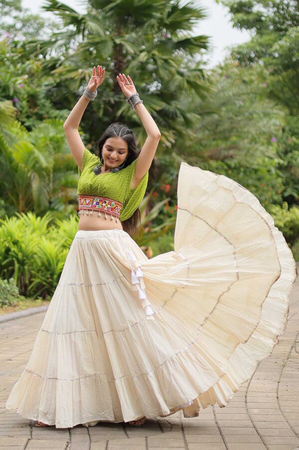 Perot Designer Kora Cottan Lehenga With Leheriya & Kutchi Patchwork Blouse