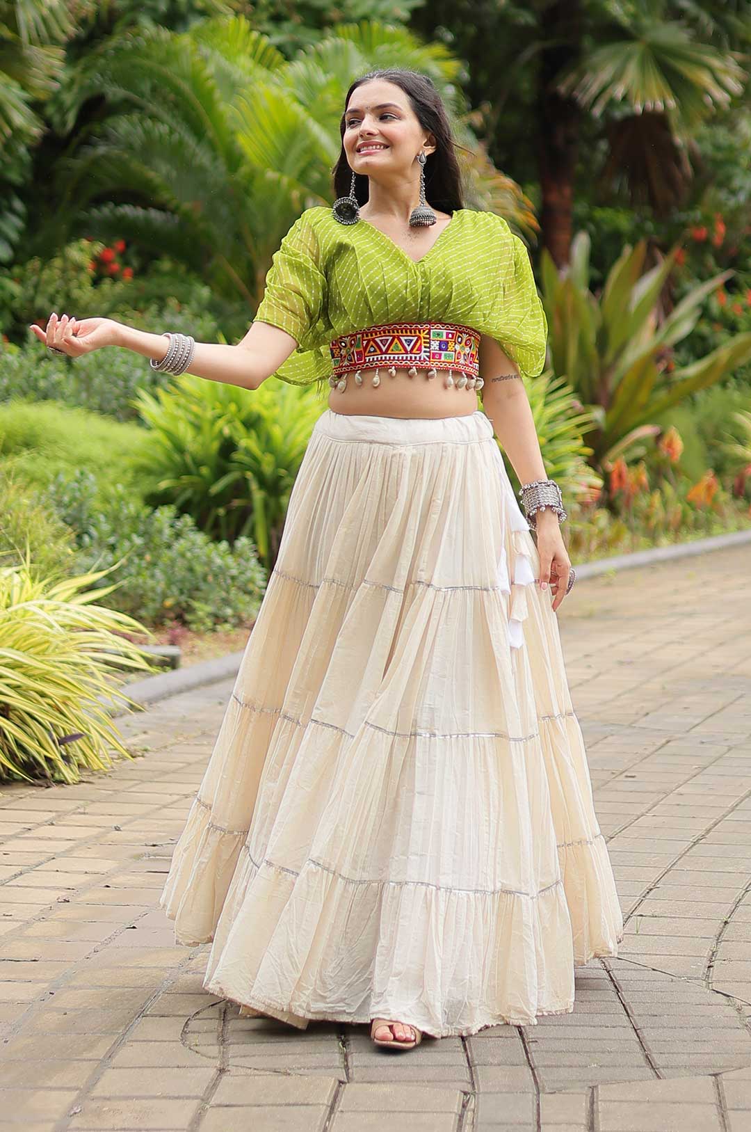 Perot Designer Kora Cottan Lehenga With Leheriya & Kutchi Patchwork Blouse