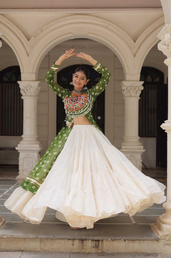 Perot Kora Cotton Lehenga with Bandhani Kutchi Work Kurti Set
