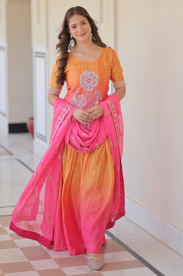 Pink Chinnon Print Embroidered Kurti Set with Dupatta
