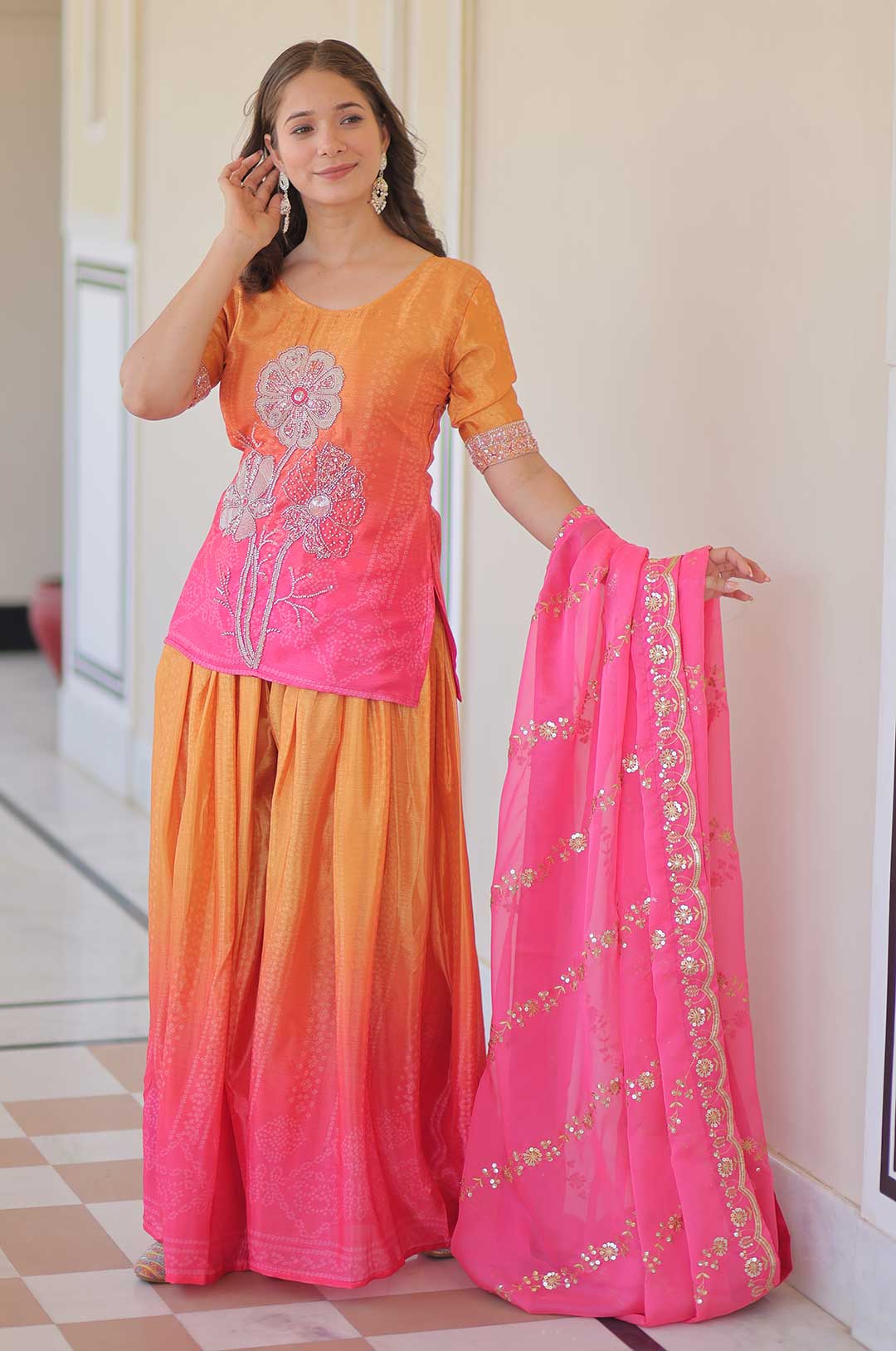 Pink Chinnon Print Embroidered Kurti Set with Dupatta