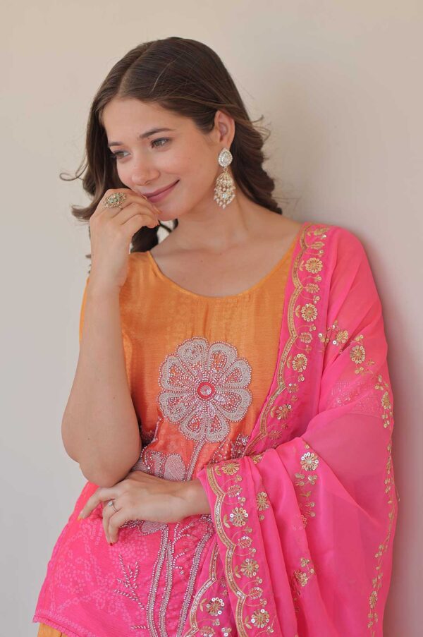 Pink Chinnon Print Embroidered Kurti Set with Dupatta
