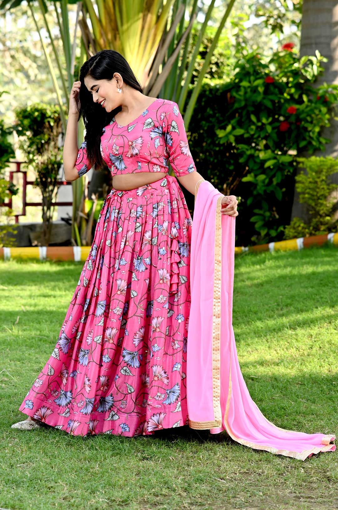 Pink Chinnon Printed Lehenga with Sequins Dupatta