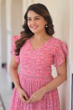 Pink-Elegant-Faux-Georgette-Printed-Gown-with-Bell-Sleeves-–-Fancy-V-Neck-Style