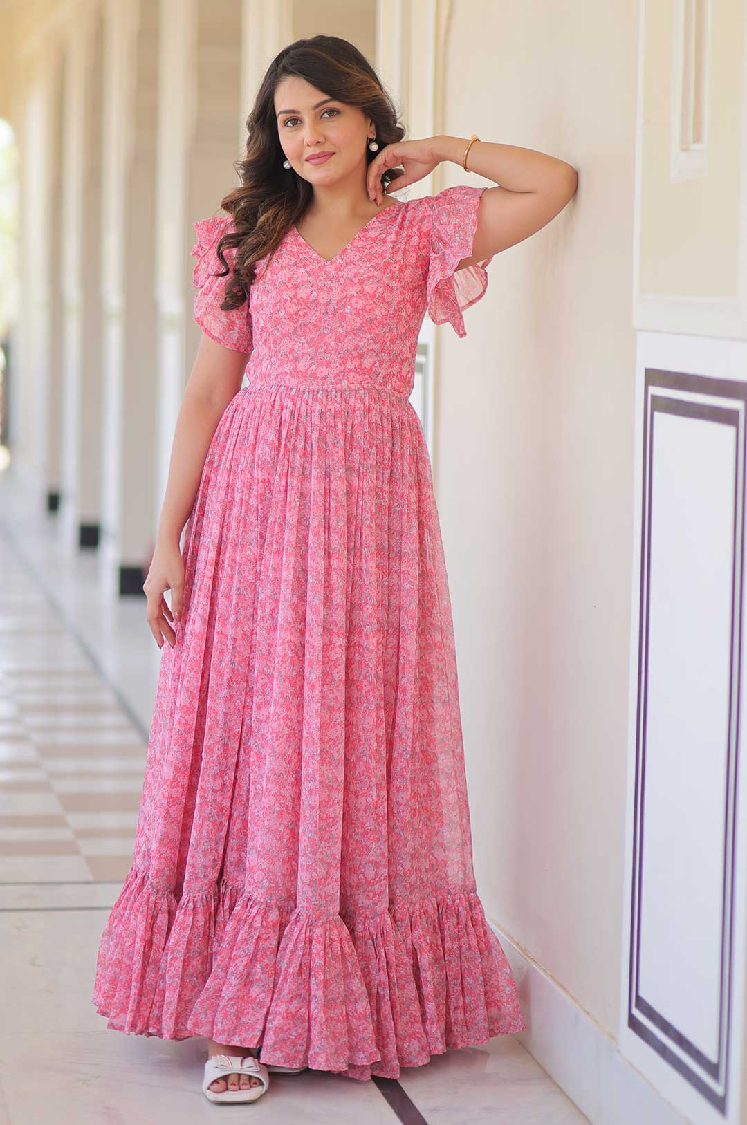 Pink Elegant Faux Georgette Printed Gown with Bell Sleeves – Fancy V-Neck Style