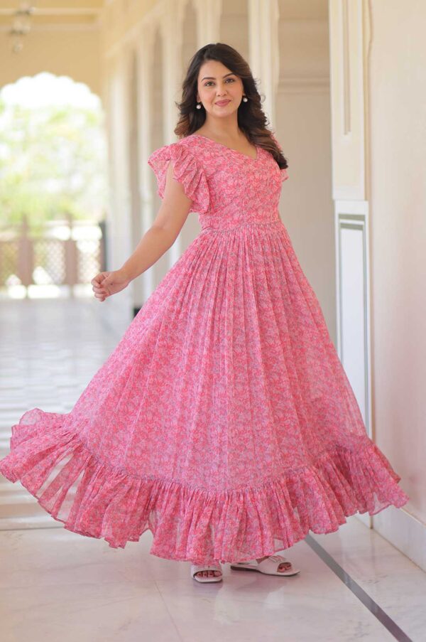 Pink Elegant Faux Georgette Printed Gown with Bell Sleeves – Fancy V-Neck Style