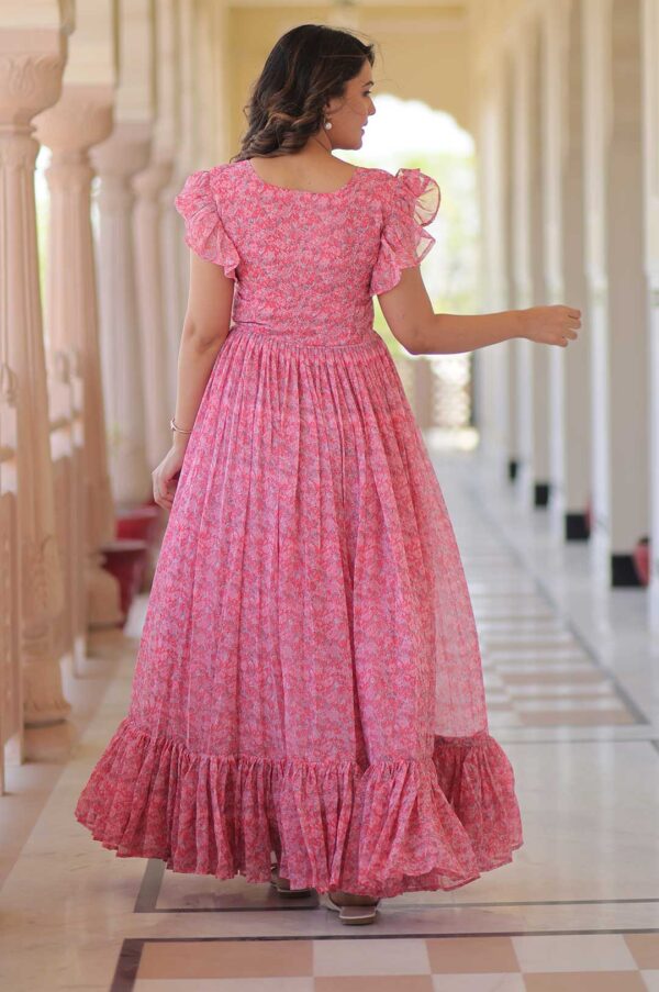 Pink Elegant Faux Georgette Printed Gown with Bell Sleeves – Fancy V-Neck Style