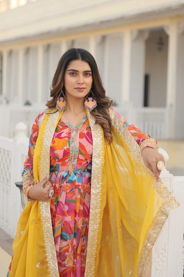 Pink Floral Print Gown with Embroidered Yoke and Dupatta