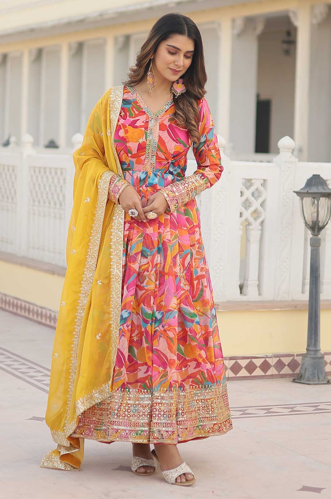 Pink Floral Print Gown with Embroidered Yoke and Dupatta