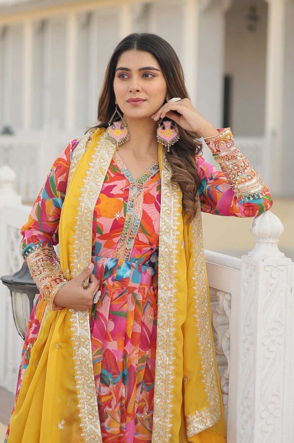 Pink Floral Print Gown with Embroidered Yoke and Dupatta