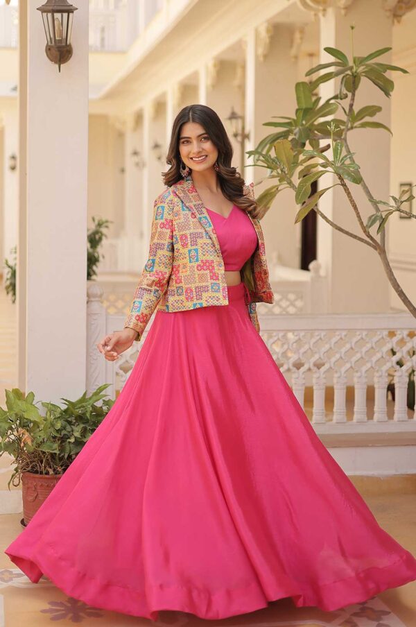 Pink Fuchsia Festive Flair Chinnon Lehenga Set with Jacquard Koti