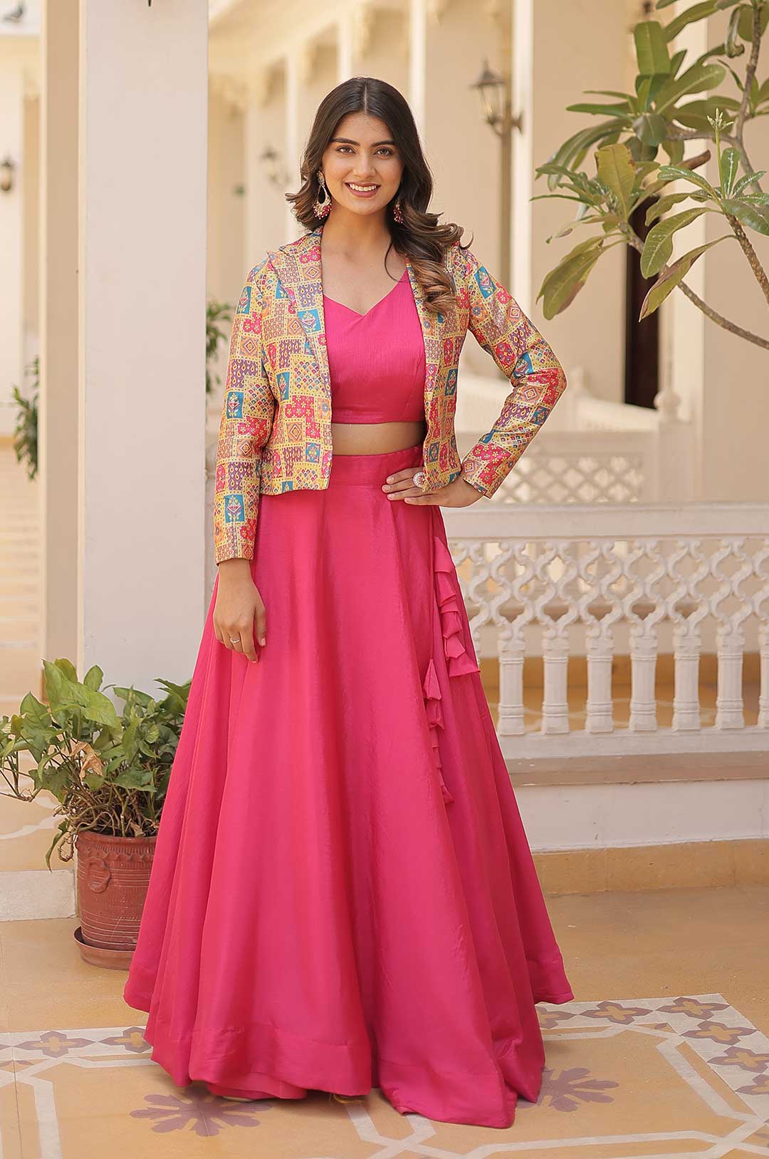 Pink Fuchsia Festive Flair Chinnon Lehenga Set with Jacquard Koti