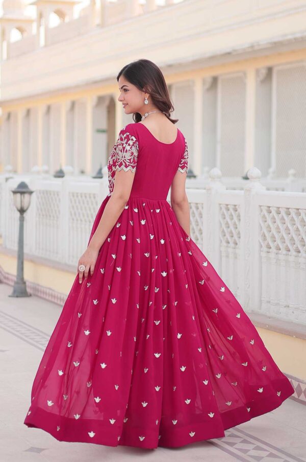 Hot Pink Georgette Gown with Embroidered Bodice & Silver Motifs