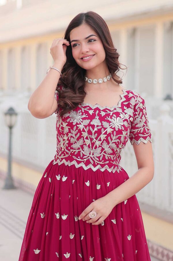 Hot Pink Georgette Gown with Embroidered Bodice & Silver Motifs