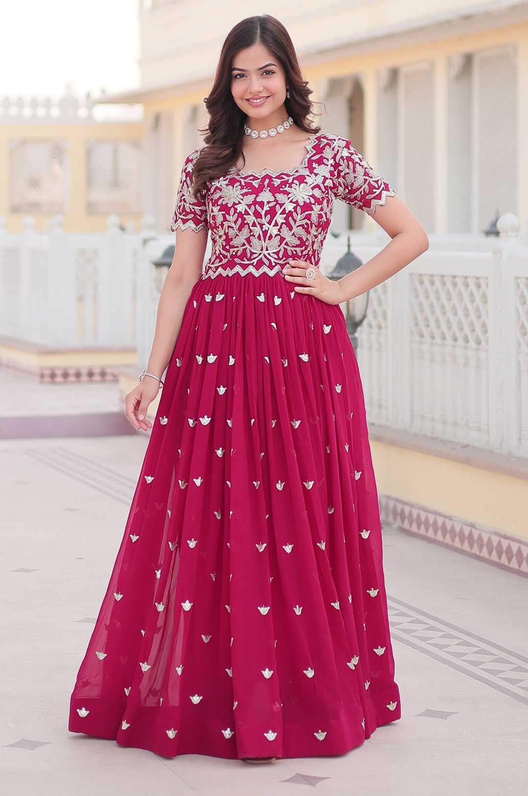 Hot Pink Georgette Gown with Embroidered Bodice & Silver Motifs